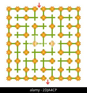 Buntes quadratisches Labyrinth mit Blumen. Entwicklungsspiel für Kinder. Einfache flache Vektorgrafiken isoliert auf weißem Hintergrund. Stock Vektor