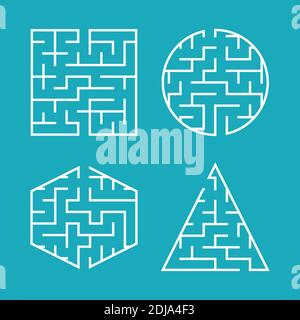 Ein Satz Labyrinthe für Kinder. Ein Quadrat, ein Kreis, ein Sechseck, ein Dreieck. Eine einfache, flache Vektorgrafik, isoliert auf einem blauen Hintergrund Stock Vektor