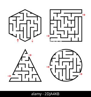 Ein Set Labyrinthe für Kinder. Ein Quadrat, ein Kreis, ein Sechskant, ein Dreieck. Einfache flache Vektorgrafiken isoliert auf weißem Hintergrund Stock Vektor