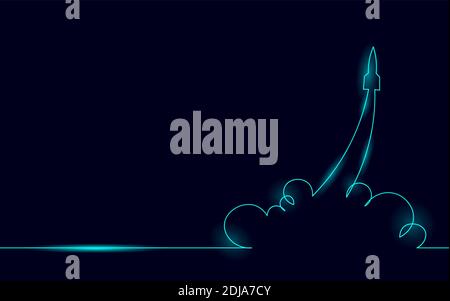 Kontinuierliche Rakete eine Linie Silhouette. Hand Zeichnung Skizze Raumschiff kreative Idee Konzept. Dunkel Neon leuchtenden Start Shuttle Technologie Vektor Stock Vektor