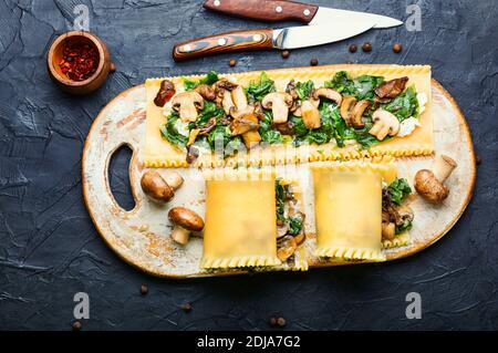 Lasagne mit Pilzen, Champignons, Käse und Spinat. Traditionelle italienische Küche. Stockfoto