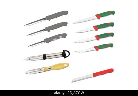 Set von Küchenmessern für die Küche, Schneiden scharfe Messer, Küchenutensilien. Stockfoto