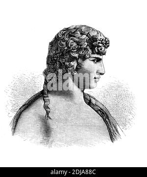 Antinoos, Antinoos, 27. November zwischen 110 und 115. - 30. Oktober 130, ein Liebling und wahrscheinlich Liebhaber des römischen Kaisers Hadrian / Antinoos, Antinoos, Antinoos, 27. November zwischen 110 und 115 - 30. Oktober 130, ein Günstling und vermutlich Geliebter des römischen Kaisers Hadrian, Historisch, historisch, digital verbesserte Reproduktion eines Originals aus dem 19. Jahrhundert / digitale Reproduktion einer Originalvorlage aus dem 19ten Jahrhundert. Jahrhundert, Stockfoto