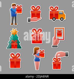 Illustration der Geschenke glänzend bunte Aufkleber und Abzeichen Set Stock Vektor