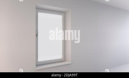 Einflügelige geschlossene Fenster an einer weißen Wand. Abstraktes Luftlicht Illustration für Broschüren, Webdesign. Stockfoto