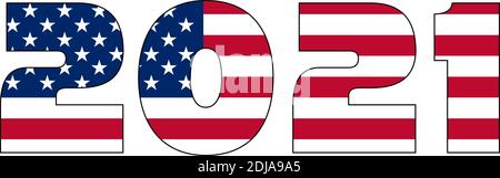3D 2021 Text mit amerikanischer Flagge im Text. Vektorgrafik auf weißem Hintergrund. USA-Flagge im Text. Amerikanische Flagge in Buchstaben. Nationales Emblem. Stock Vektor