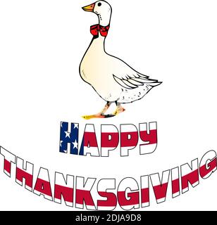 Niedliche Gans Vektor flache Illustration mit Happy Thanksgiving Text isoliert auf weißem Hintergrund. Bauernhof Tier Gans Cartoon-Charakter Stock Vektor