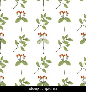 Nahtloses Muster mit Blättern und roten Vogelbeeren auf weißem Hintergrund. Dekorativer Druck. Florale Wiederholung Design für Textil, Scrapbooking, Geschenkpapier. Natürlicher Hintergrund. Stock Vektor