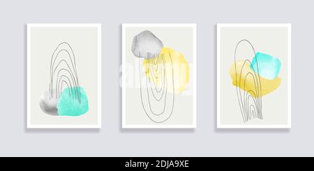 Trendiges Set von Aquarell minimalistischen abstrakten handgemalten Illustrationen. Abstrakte Kompositionen kritzeln verschiedene Formen. Ideal für Design Wanddekoration Stock Vektor