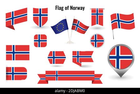 Die Flagge von Norwegen. Große Reihe von Symbolen und Symbolen. Quadratische und runde Norwegen Flagge. Sammlung von verschiedenen Flaggen der horizontalen und vertikalen. vektor-illus Stock Vektor