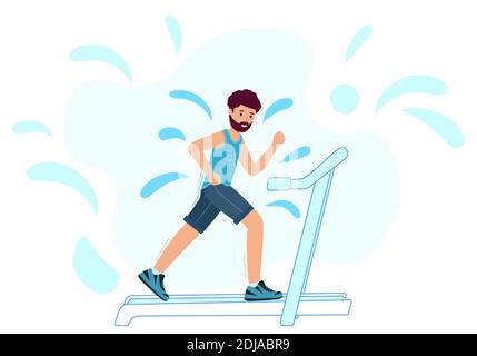 Ein erwachsener Mann läuft auf einem Laufband und schwitzt. Der Mann joggt auf weißem Hintergrund.Vektor-Illustration in modernem flachen Stil. Fitnessclub, Fitnessgerät. Stock Vektor