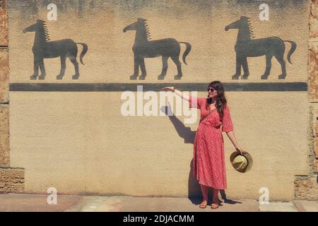 Tourist zeigt Zeichnungen von alten Pferden an der Wand des Karthago-archäologischen Museums in Tunesien. Hintergrund, Kopierbereich Stockfoto