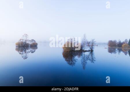 Soomaa Nationalpark während einer herbstlichen Flut auch bekannt als die fünfte Jahreszeit in einem nebligen Morgen in der estnischen Natur, Nordeuropa. Stockfoto