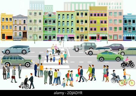 Stadt mit Straßenverkehr, Wohngebäude und Fußgänger auf dem Bürgersteig, Illustration Stock Vektor