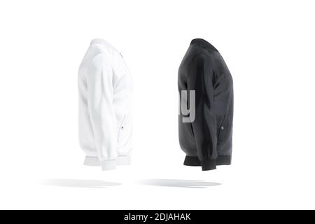Blank schwarz und weiß Bomberjacke Mockup, Seitenansicht, 3d-Rendering. Leerer winddichter Sportpullover mit Reißverschluss, isoliert. Klar männlich casual ou Stockfoto