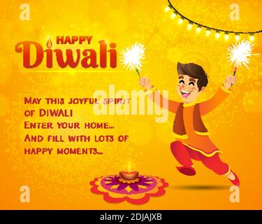 Happy Diwali Grußkarte. Cute Cartoon indischen Jungen in traditionellen Kleidern springen und spielen mit Feuerwerkskörper feiern Diwali mit Vorlage Text Stock Vektor