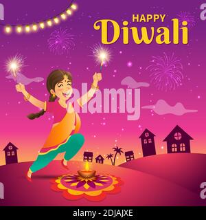 Cute Cartoon indian Mädchen in traditionellen Kleidern springen und spielen Mit Feuerwerkskörper feiert das Festival der Lichter Diwali oder Deepavali Am Himmel BAC Stock Vektor