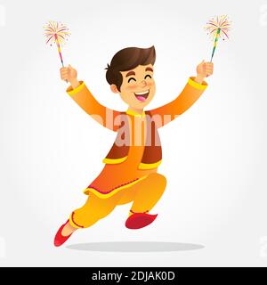 Cute Cartoon indischen Jungen in traditionellen Kleidern springen und spielen Mit Feuerwerkskörper feiert das Festival der Lichter Diwali oder Deepavali Isoliert ein Stock Vektor