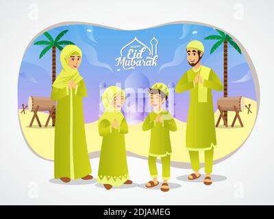 Eid mubarak Grußkarte. Cartoon muslimische Familie feiert Eid al fitr mit Moschee als Hintergrund. Vektorgrafik für Eid Grußkarte, Banner Stock Vektor