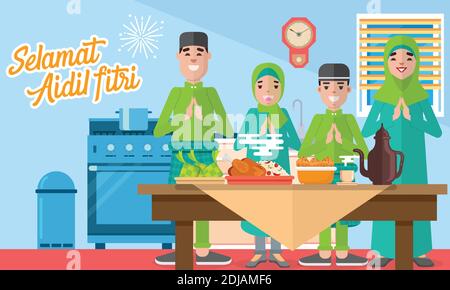 Selamat hari raya aidil fitri Grußkarte im flachen Stil Vektor-Illustration mit moslemischen Familienfeste, reichlich Essen, Desserts und Reisknödel/ke Stock Vektor