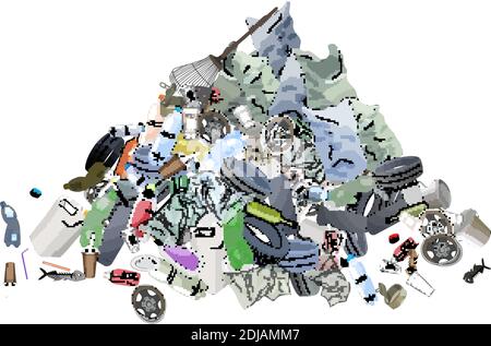 Haufen Müll, Müllsäcke und Rechen. Das Konzept der Ökologie und der Welttag der Reinigung. Stock Vektor