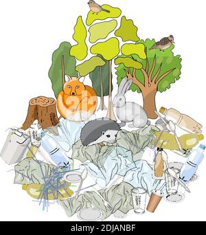Verschmutzung der Umwelt. Voll Mülleimer. Müll und Abfall in Wäldern, in Wildtieren. Verschiedene Arten von Müll. Vektor Handzeichnen Kollektion. Konz Stock Vektor