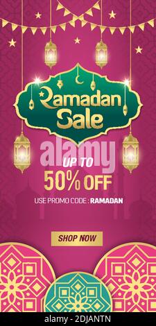 Ramadan Sale, Web-Header oder Banner-Design mit golden glänzenden Rahmen, arabischen Laternen und islamischen Ornament auf lila Hintergrund. Bis zu 50 % Rabatt Stock Vektor
