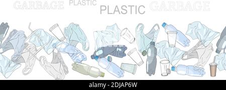 Verschiedene Arten von Plastikmüll. Pinsel mit nahtlosem Muster. Das Konzept der Ökologie und der Welttag der Reinigung. Stock Vektor