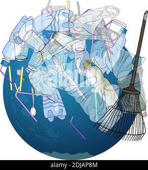 Die Verschmutzung, Müll, Plastik, Taschen auf dem Planeten. Das Konzept der Ökologie und der Welttag der Reinigung. Stock Vektor
