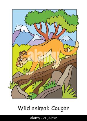 Vektor bunte Illustration mit niedlichen Puma zu Fuß auf einem Baum in Berggebiet. Cartoon-Konturdarstellung. Stock Illustration für Malbuch, Stock Vektor