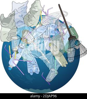 Die Verschmutzung, Müll, Plastik, Taschen auf dem Planeten. Das Konzept der Ökologie und der Welttag der Reinigung. Stock Vektor