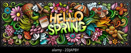 Hallo Frühling handgezeichnete Karikatur Kritzeleien Illustration. Saisonale lustige Objekte und Elemente Poster Design. Kreative Kunst Hintergrund. Bunte Rasterbann Stockfoto