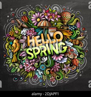 Hallo Frühling handgezeichnete Cartoon-Kritzeleien Illustration. Witziges, saisonales Design. Kreative Kunst Raster Hintergrund. Stockfoto