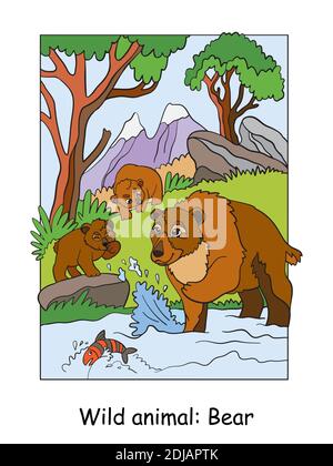 Vektor bunte Illustration mit niedlichen Bär Mama und Jungen im Berggebiet. Cartoon-Konturdarstellung. Stock Illustration für Malbuch, Prescho Stock Vektor