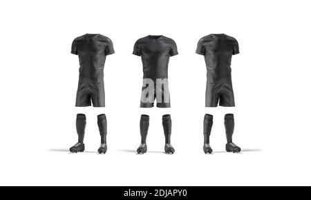 Weiße schwarze Fußballuniform mit T-Shirt, kurz, Socken, Stiefel Mockup, 3d-Rendering. Leere professionelle Duffle für Fußball spielen Mock up, isoliert, f Stockfoto