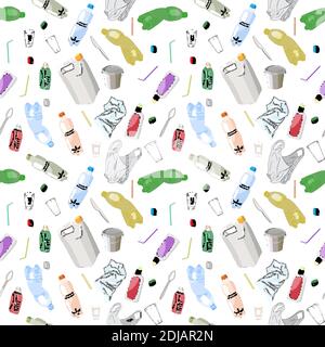 Umreiß nahtloses Muster mit sortierten Plastikmüll isoliert auf weißem Hintergrund. Getrennte Sammlung von Fremdkörpern. Vektor Hand gezeichnet Satz von Papierkorb. Stock Vektor