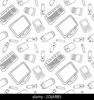 Skizzieren nahtlose Muster mit sortiert e-wast Müll isoliert auf weißem Hintergrund. Teil 2 der separaten Abfallsammlung. Vektor Hand gezeichnet Satz von Papierkorb Stock Vektor