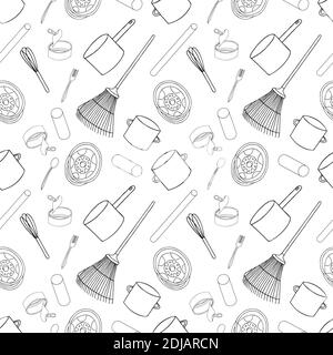 Umreißen nahtlose Muster mit sortiert Metallabfälle isoliert auf weißem Hintergrund. Teil 3 der separaten Abfallsammlung. Vektor Hand gezeichnet Satz von Papierkorb. Stock Vektor