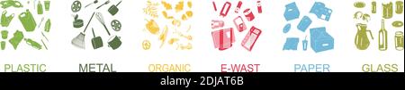 Symbole für das Recycling von Abfallabfällen, Zeilensymbole für verschiedene Abfallsortierungen. Vektorgrafik. Müllabfuhr. Handgezeichnete Umrisse isoliert auf weiß Stock Vektor