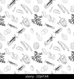 Umriss nahtloses Muster mit sortierten organischen Müll isoliert auf weiß. Teil 7 der getrennten Abfallsammlung. Vektor Hand gezeichnet Satz von Papierkorb. Konzept Stock Vektor