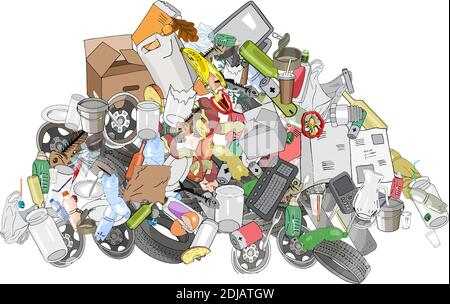 Haufen Müll, Müllsäcke und Rechen. Das Konzept der Ökologie und der Welttag der Reinigung. Stock Vektor