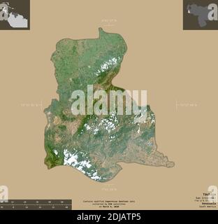 Tachira, Staat Venezuela. Sentinel-2 Satellitenbilder. Form isoliert auf durchgehenden Hintergrund mit informativen Überlagerungen. Enthält modifizierten Copernicus Stockfoto