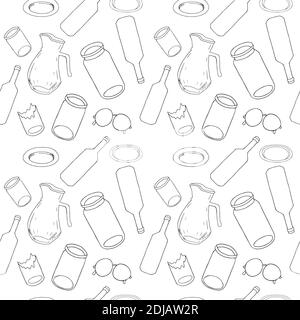 Umriss nahtlose Muster mit sortierten Glasmüll isoliert auf weiß. Teil 8 der getrennten Abfallsammlung. Vektor Hand gezeichnet Satz von Papierkorb. Konzept von Stock Vektor
