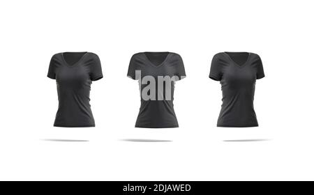 Blank schwarz Frauen Slimfit T-Shirt Mockup, Vorder-und Seitenansicht, 3d-Rendering. Leeres T-Shirt aus Elasthan oder Baumwolle mit V-Ausschnitt, isoliert. Klare Basis weich Stockfoto