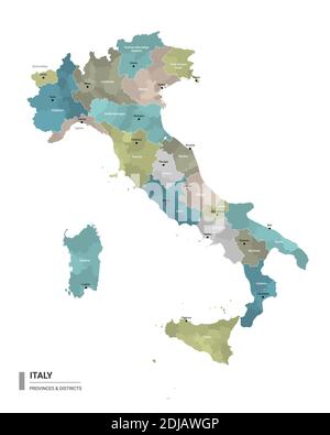 Italien Higt Detailkarte mit Unterteilungen. Verwaltungskarte von Italien mit Bezirken und Stadtnamen, farbig nach Bundesstaaten und Verwaltungsbezirken. Stock Vektor