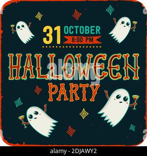 Einladung zur Halloween-Nacht-Party. Vintage-Karte mit Geistern mit Cocktails. Vektorvorlage. Halloween Party Einladungskarte. Flyer mit Text Hellow Stock Vektor