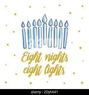 Happy Hanukkah, acht Nächte acht Lichter Gold Schriftzug. Jüdischer Feiertag elegante Grußkartenvorlage mit einer Menora. Flyer, Poster, Banner, Party Inv Stock Vektor