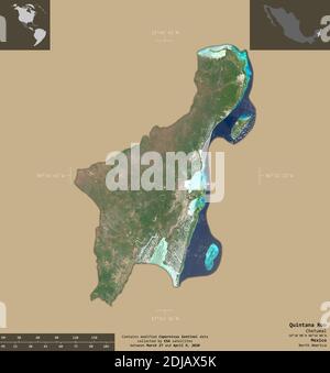 Quintana Roo, Bundesstaat Mexiko. Sentinel-2 Satellitenbilder. Form isoliert auf durchgehenden Hintergrund mit informativen Überlagerungen. Enthält modifiziertes Copernicu Stockfoto