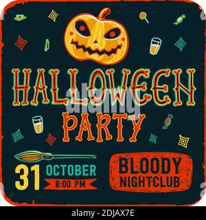 Einladung zur Halloween-Nacht-Party. Vintage-Karte mit Kürbissen auf dunklem Hintergrund. Vektorvorlage. Halloween Party Einladungskarte. Halloween Flyer Stock Vektor