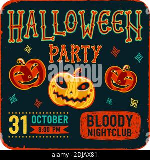 Einladung zur Halloween-Nacht-Party. Vintage-Karte mit Kürbissen auf dunklem Hintergrund. Vektorvorlage. Halloween Party Einladungskarte. Halloween Flyer Stock Vektor